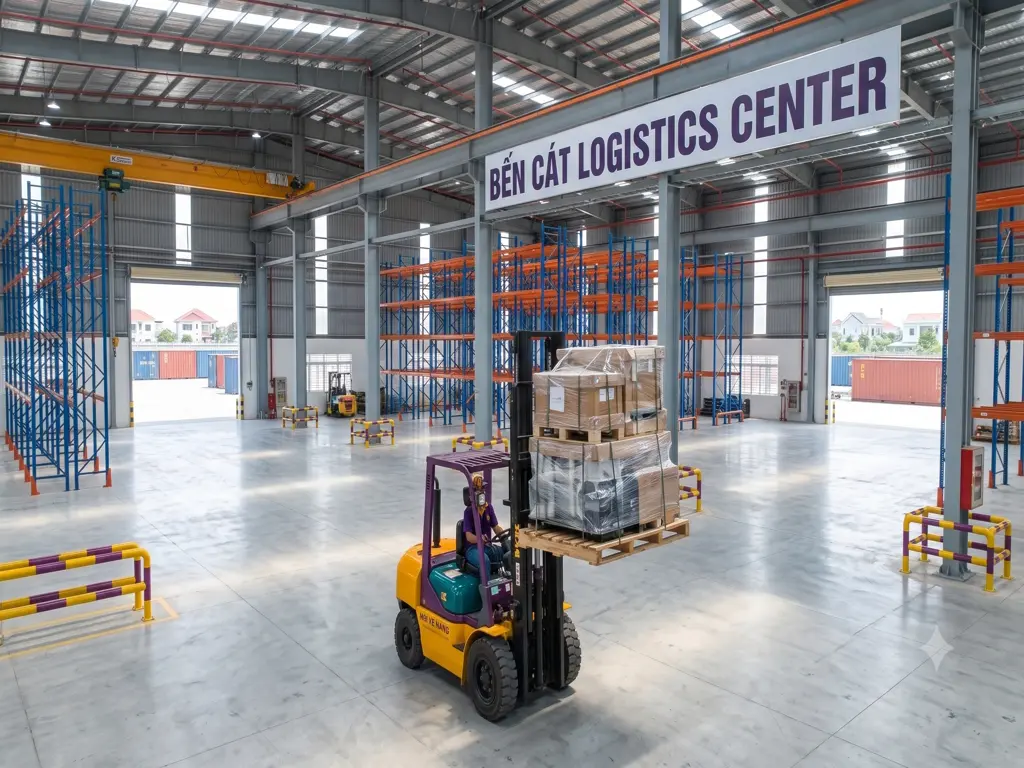 Xe nâng pallet hàng trong kho logistics Bến Cát