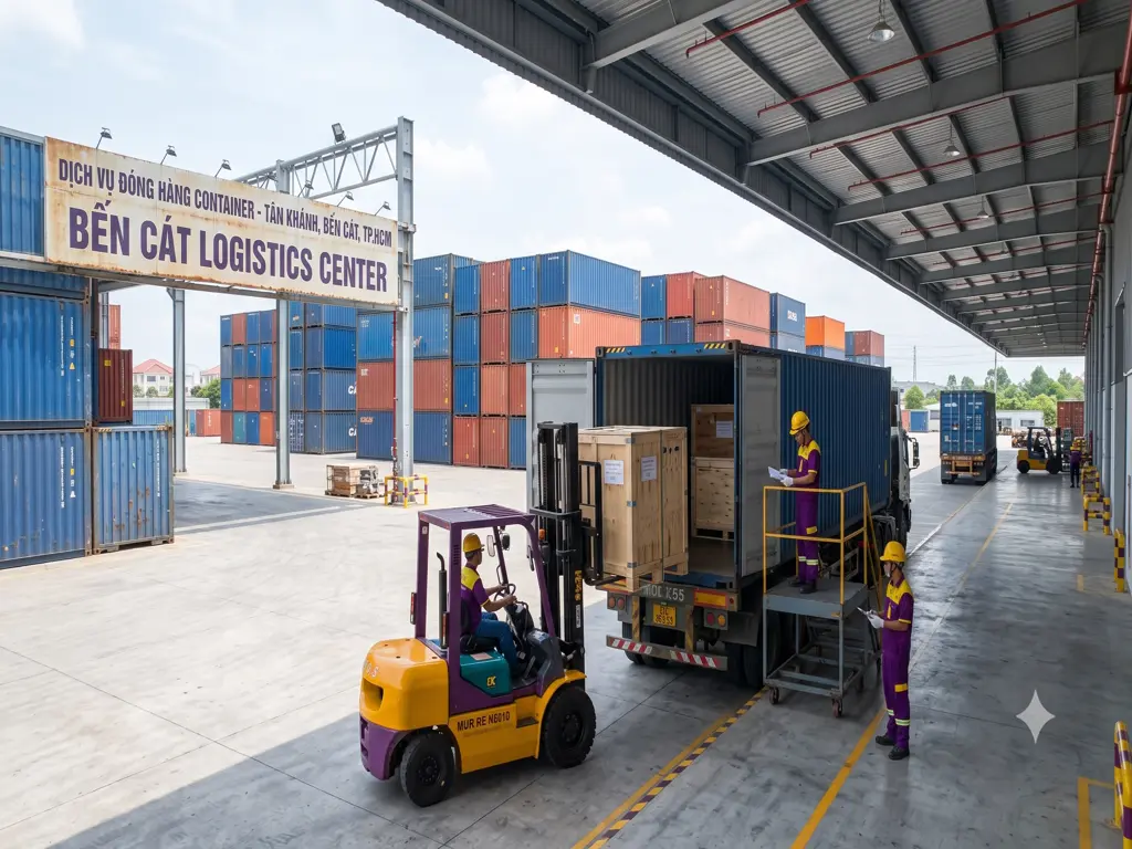 Xe nâng đóng rút kiện gỗ trong container tại Bến Cát