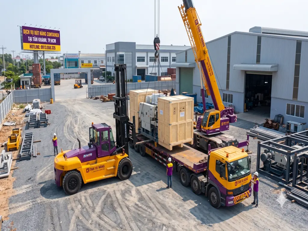 Xe nâng tải trọng lớn hỗ trợ di dời máy móc tại Tân Khánh
