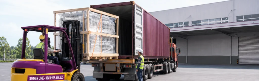 Minh họa AI xe nâng vàng tím KIM và kiện máy tại cửa container