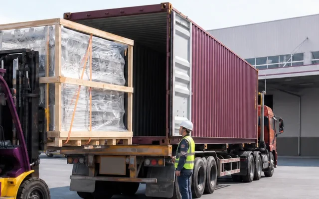 Minh họa AI xe nâng vàng tím KIM và kiện máy tại cửa container