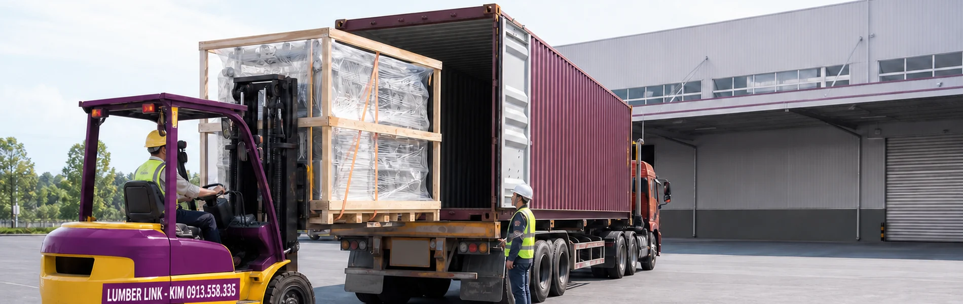 Minh họa AI xe nâng vàng tím KIM và kiện máy tại cửa container