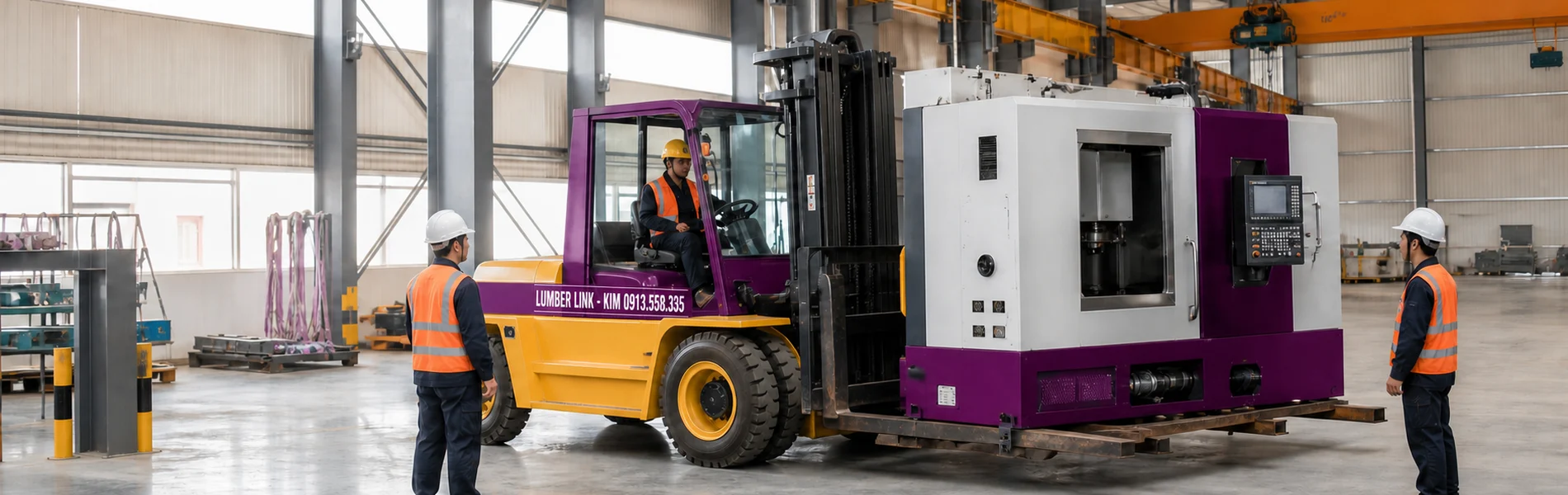 Minh họa AI xe nâng vàng tím KIM bên máy CNC trong nhà xưởng