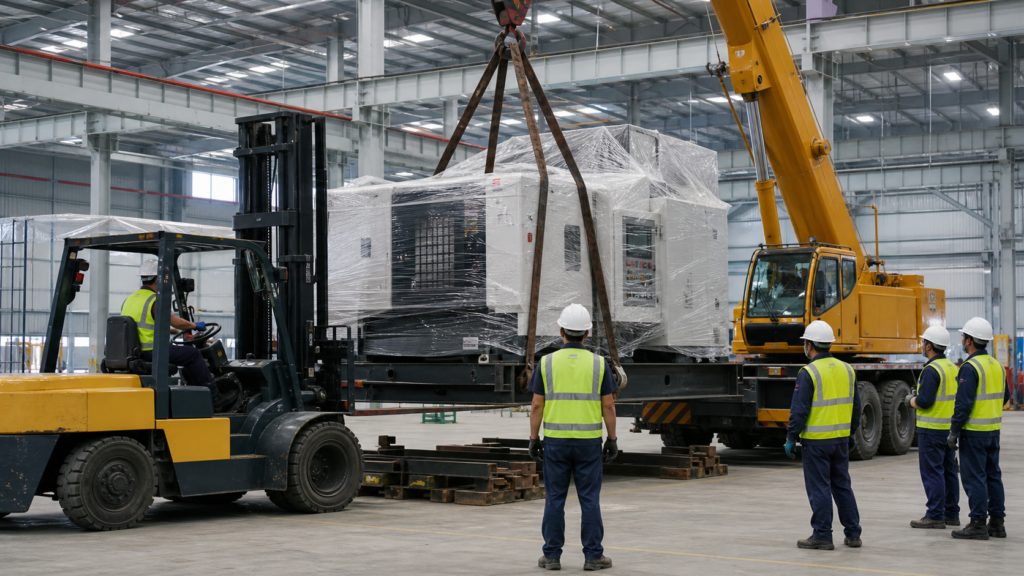 Xe nâng hỗ trợ di dời máy CNC nhà xưởng