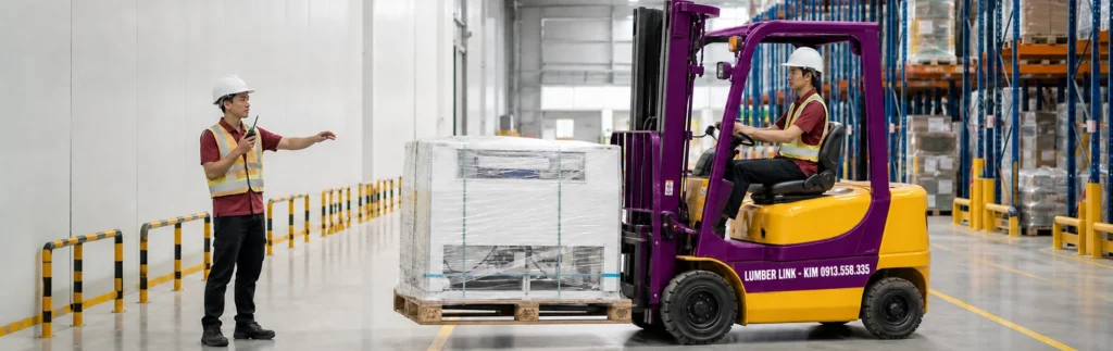 Minh họa AI xe nâng vàng tím KIM vận chuyển kiện hàng trên pallet trong kho