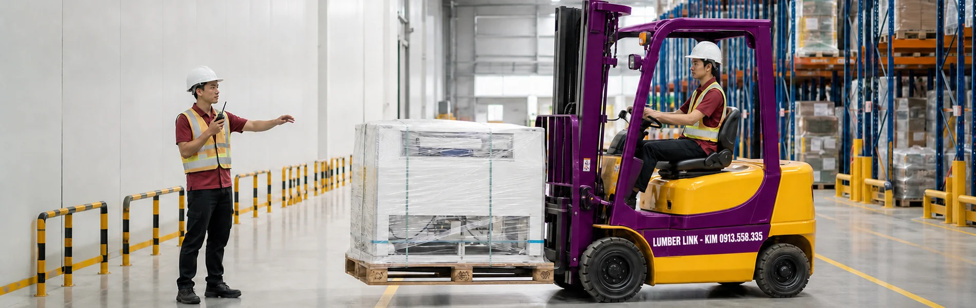 Minh họa AI xe nâng vàng tím KIM vận chuyển kiện hàng trên pallet trong kho