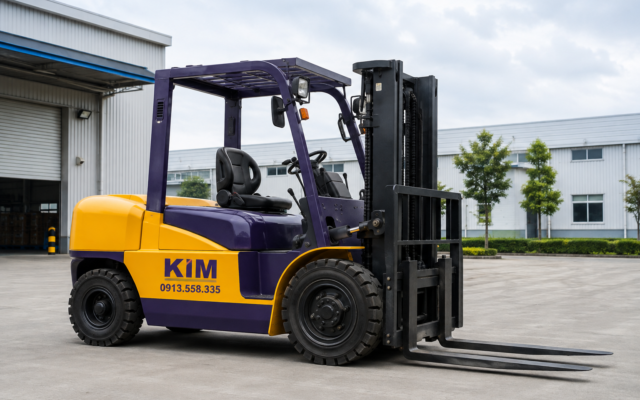Minh họa AI xe nâng vàng–tím KIM, số điện thoại 0913.558.335