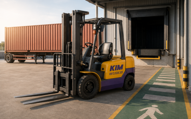 Minh họa AI xe nâng vàng–tím KIM, số điện thoại 0913.558.335