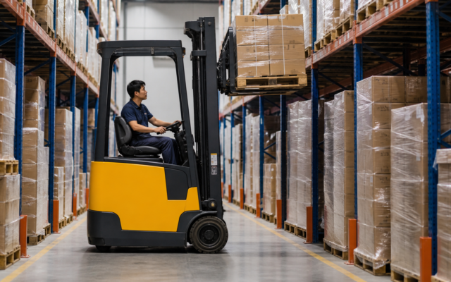 Xe nâng điện làm việc trong lối đi hẹp