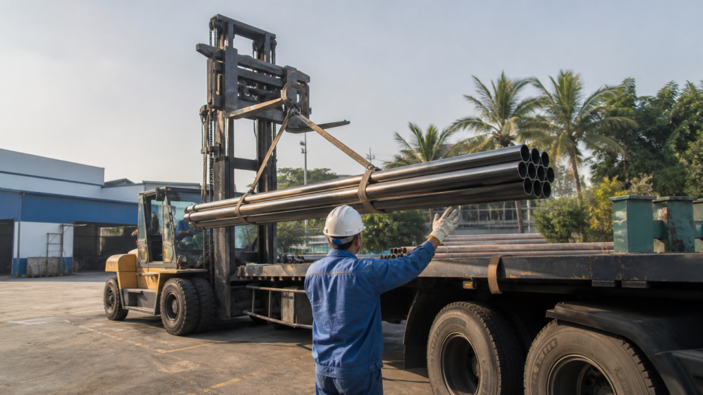 Xe nâng bốc dỡ ống thép