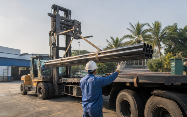 Xe nâng bốc dỡ ống thép
