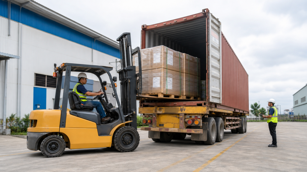 Xe nâng rút và đóng hàng container